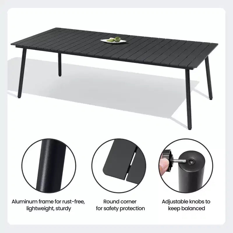 Crestlive Products Ensemble repas de jardin 7 pièces en aluminium, table de 183 cm et 6 chaises avec plateau en bois composite et trou pour parasol pour piscine et pelouse extérieure