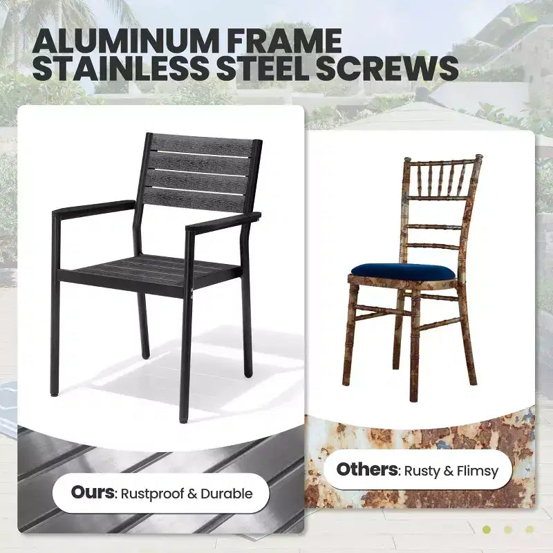 Crestlive Products Ensemble repas de jardin 7 pièces en aluminium, table de 183 cm et 6 chaises avec plateau en bois composite et trou pour parasol pour piscine et pelouse extérieure