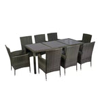 Ensemble de salle à manger Whisen 9 pièces en osier pour terrasse avec plateau en verre