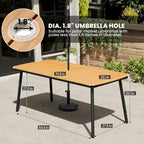 Crestlive Products Ensemble repas de jardin 7 pièces en aluminium, table de 180 cm et 6 chaises avec plateau en bois composite et trou pour parasol pour extérieur, piscine, pelouse