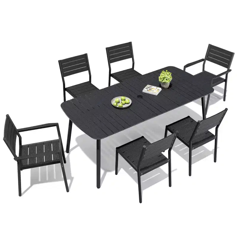 Crestlive Products Ensemble repas de jardin 7 pièces en aluminium, table de 180 cm et 6 chaises avec plateau en bois composite et trou pour parasol pour extérieur, piscine, pelouse