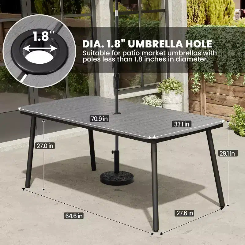 Crestlive Products Ensemble repas de jardin 7 pièces en aluminium, table de 180 cm et 6 chaises avec plateau en bois composite et trou pour parasol pour extérieur, piscine, pelouse