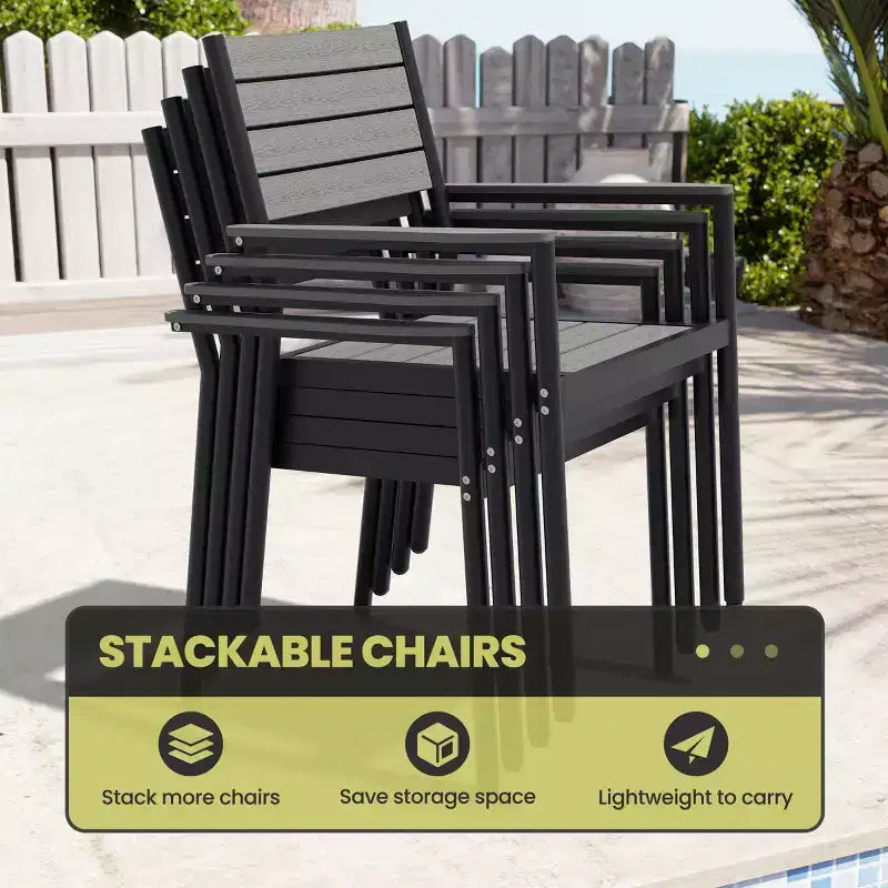Crestlive Products Ensemble repas de jardin 7 pièces en aluminium, table de 180 cm et 6 chaises avec plateau en bois composite et trou pour parasol pour extérieur, piscine, pelouse