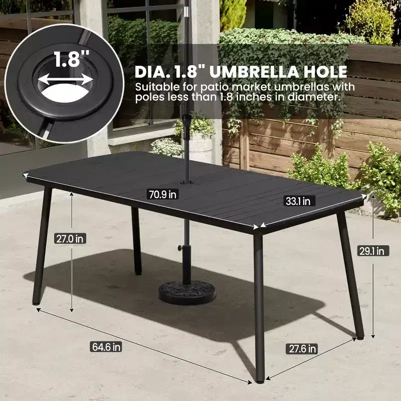 Crestlive Products Ensemble repas de jardin 7 pièces en aluminium, table de 180 cm et 6 chaises avec plateau en bois composite et trou pour parasol pour extérieur, piscine, pelouse