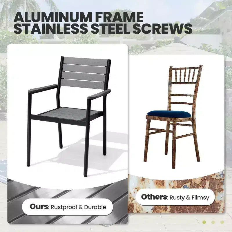 Crestlive Products Ensemble repas de jardin 7 pièces en aluminium, table de 180 cm et 6 chaises avec plateau en bois composite et trou pour parasol pour extérieur, piscine, pelouse