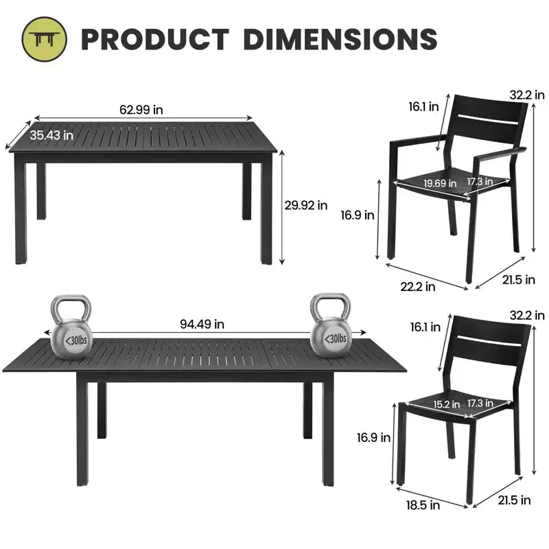 Crestlive Products Ensemble de salle à manger d'extérieur 9 pièces en aluminium, table de 240 cm et 8 chaises, plateau en aluminium, noir pour piscine et pelouse