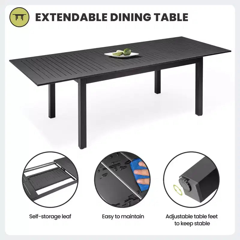 Crestlive Products Ensemble de salle à manger d'extérieur 9 pièces en aluminium, table de 240 cm et 8 chaises, plateau en aluminium, noir pour piscine et pelouse