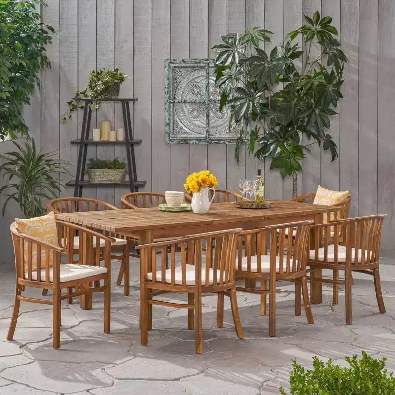 Christopher Knight Home Alondra Outdoor Acacia Wood Expandable 9 Piece Dining Set with Cushion, Teak/Cream