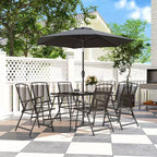 Ensemble de salle à manger Outsunny 8 pièces pour patio avec parasol, 6 chaises pliantes et table à manger rectangulaire, ensemble de mobilier de jardin, noir