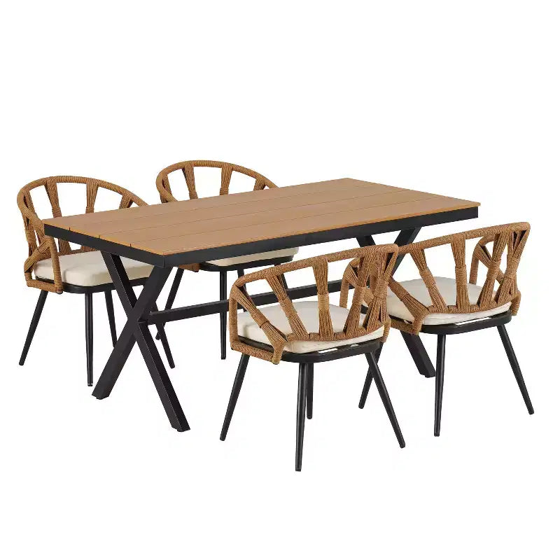 Whisen Contemporary Outdoor Set with PE Rattan Chairs and Plastic Wood Table,Suitable for Gardens and Lawns