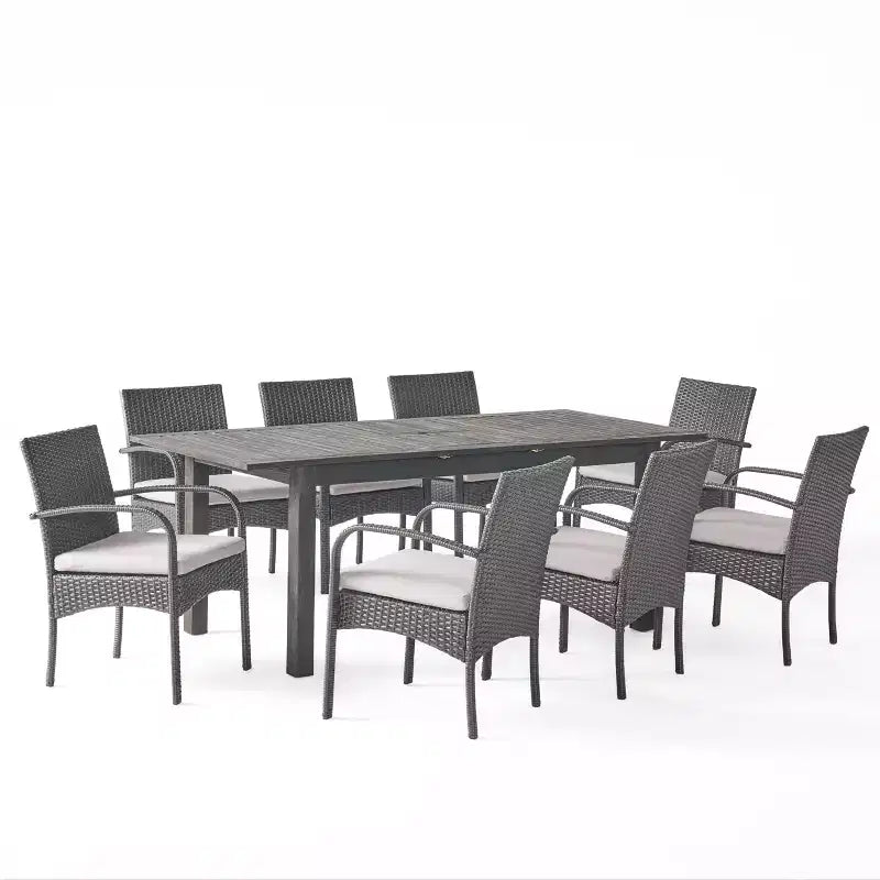 Christopher Knight Home Elmar Ensemble de salle à manger extensible 9 pièces en bois et osier pour l'extérieur