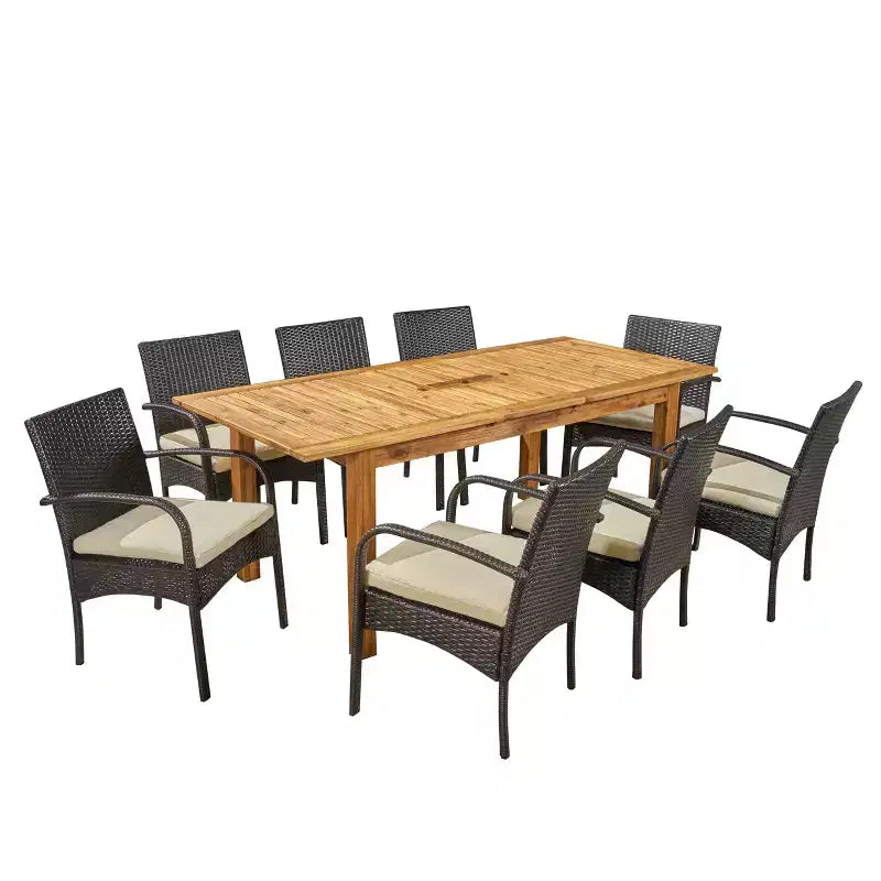 Christopher Knight Home Elmar Ensemble de salle à manger extensible 9 pièces en bois et osier pour l'extérieur
