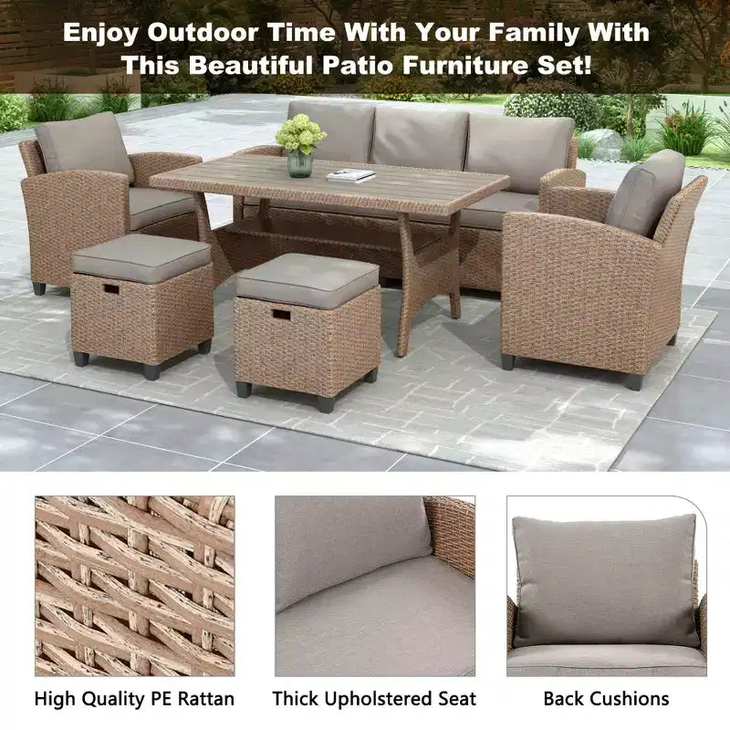 GDFStudio Gary Outdoor 6-Piece PE Rattan and Steel Upholstered Dining Sets