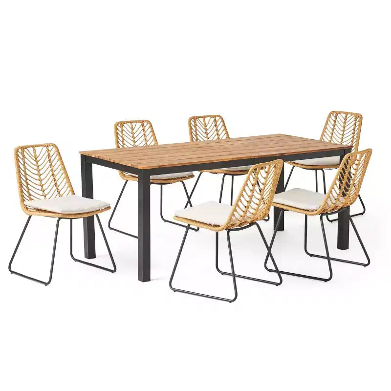 Ensemble de salle à manger 7 pièces GDFStudio Beaver en osier et bois d'acacia d'extérieur, marron clair/beige