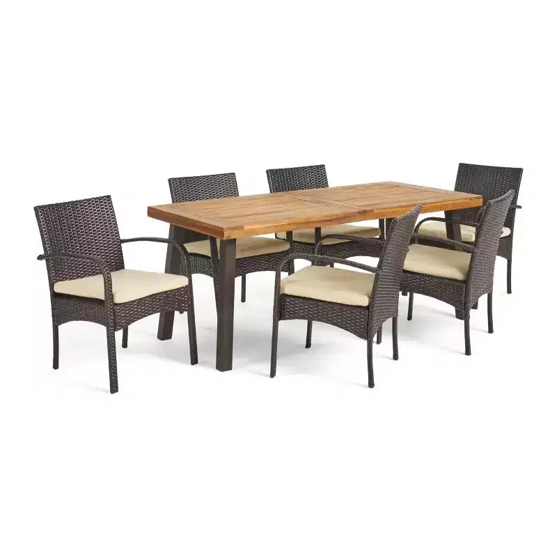 GDFStudio Neva Ensemble de salle à manger 7 pièces en bois d'acacia et osier d'extérieur avec coussin, naturel/marron multicouleur