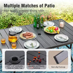 Captiva Designs - Ensemble de 8 pièces pour salle à manger d'extérieur, comprenant une table rectangulaire en acier, des chaises rembourrées avec assise en toile tendue et un parasol de marché.