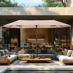Captiva Designs - Ensemble de 8 pièces pour salle à manger d'extérieur, comprenant une table rectangulaire en acier, des chaises rembourrées avec assise en toile tendue et un parasol de marché.