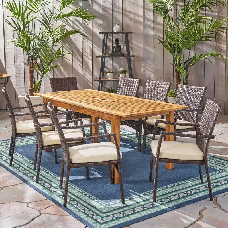 Christopher Knight Home Davenport Outdoor Acacia Wood and Wicker 9 Piece Expandable Dining Set with Cushion