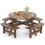 Costway Table de pique-nique ronde 8 places avec 4 bancs intégrés 2 trous pour parasol, Marron/Jaune