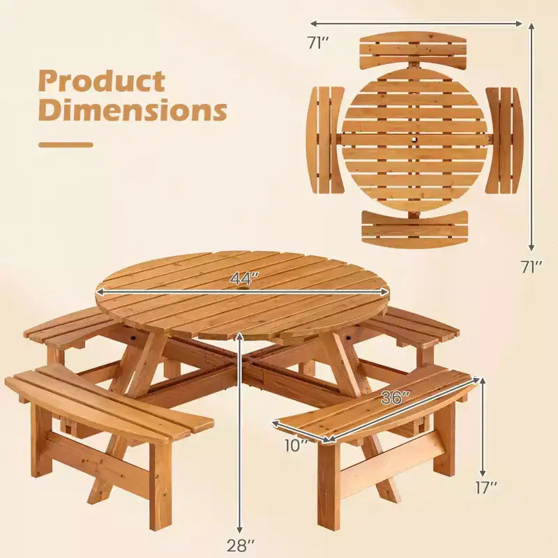 Costway Table de pique-nique ronde 8 places avec 4 bancs intégrés 2 trous pour parasol, Marron/Jaune
