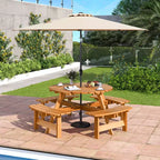 Costway Table de pique-nique ronde 8 places avec 4 bancs intégrés 2 trous pour parasol, Marron/Jaune