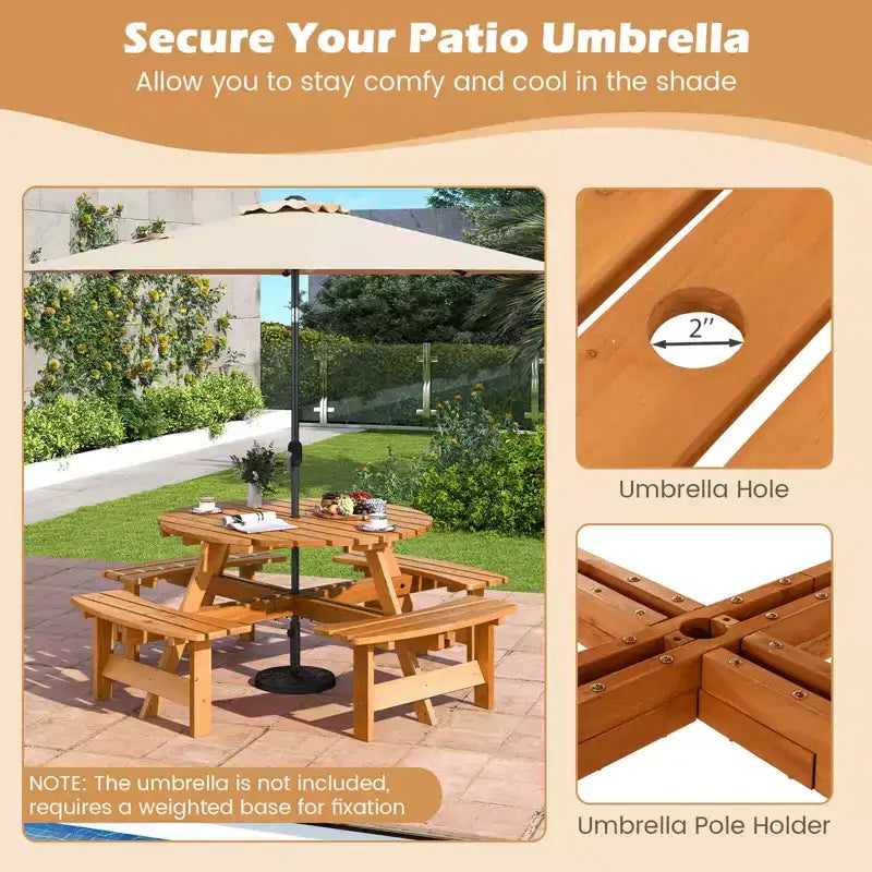 Costway Table de pique-nique ronde 8 places avec 4 bancs intégrés 2 trous pour parasol, Marron/Jaune