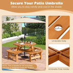 Costway Table de pique-nique ronde 8 places avec 4 bancs intégrés 2 trous pour parasol, Marron/Jaune