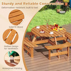 Costway Table de pique-nique ronde 8 places avec 4 bancs intégrés 2 trous pour parasol, Marron/Jaune