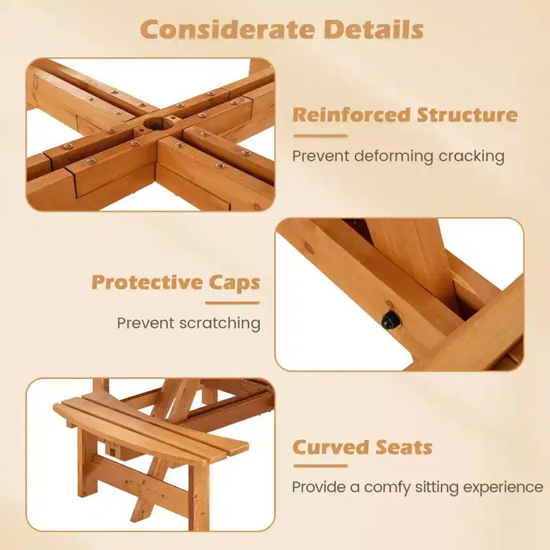Costway Table de pique-nique ronde 8 places avec 4 bancs intégrés 2 trous pour parasol, Marron/Jaune