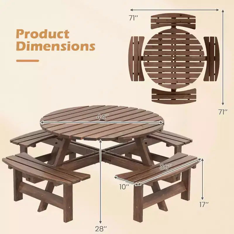 Costway Table de pique-nique ronde 8 places avec 4 bancs intégrés 2 trous pour parasol, Marron/Jaune