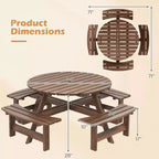 Costway Table de pique-nique ronde 8 places avec 4 bancs intégrés 2 trous pour parasol, Marron/Jaune