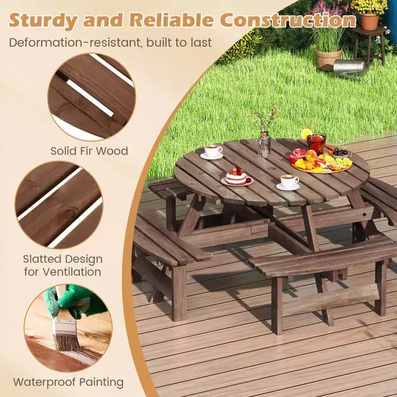 Costway Table de pique-nique ronde 8 places avec 4 bancs intégrés 2 trous pour parasol, Marron/Jaune
