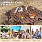 Costway Table de pique-nique ronde 8 places avec 4 bancs intégrés 2 trous pour parasol, Marron/Jaune