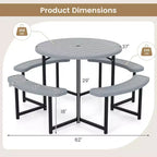 Costway Table de pique-nique ronde avec 4 bancs et trou pour parasol, plateau résistant aux intempéries blanc/vert/gris/noir