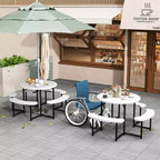 Costway Table de pique-nique ronde avec 4 bancs et trou pour parasol, plateau résistant aux intempéries blanc/vert/gris/noir