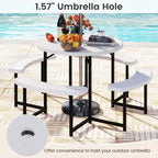 Costway Table de pique-nique ronde avec 4 bancs et trou pour parasol, plateau résistant aux intempéries blanc/vert/gris/noir
