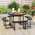 Costway Round Picnic Table Bench Set with 4 Benches Umbrella Hole All Weather Tabletop White/Green/Gray/Black