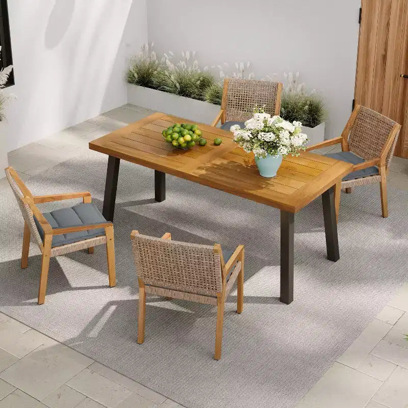 Christopher Knight Home Neva 5 Piece Industrial Outdoor Acacia Wood and Wicker Dining Set with Cushions