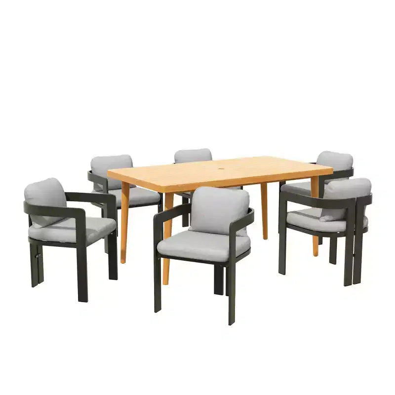 Ensemble de salle à manger d'extérieur Christopher Knight Home Pula 7 pièces en bois d'acacia et aluminium avec trou pour parasol et coussins