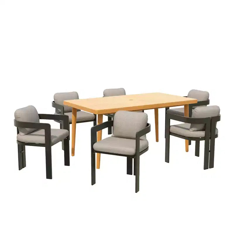 Ensemble de salle à manger d'extérieur Christopher Knight Home Pula 7 pièces en bois d'acacia et aluminium avec trou pour parasol et coussins