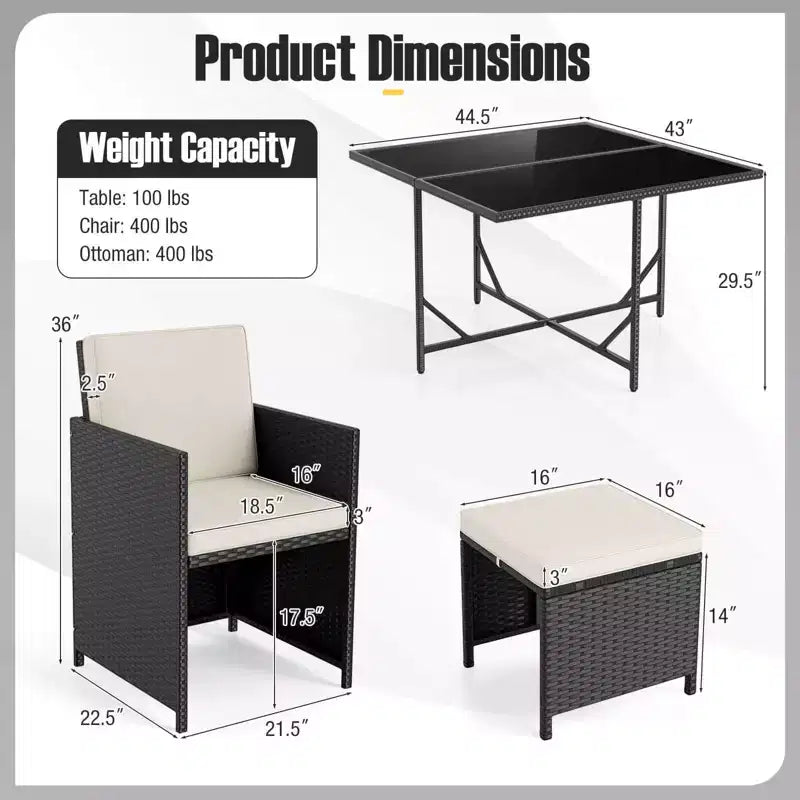 Costway 9 PCS Patio Dining Set with Tempered Glass Table & Ottoman Removable Cushions off-White/Beige
