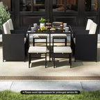 Costway 9 PCS Patio Dining Set with Tempered Glass Table & Ottoman Removable Cushions off-White/Beige