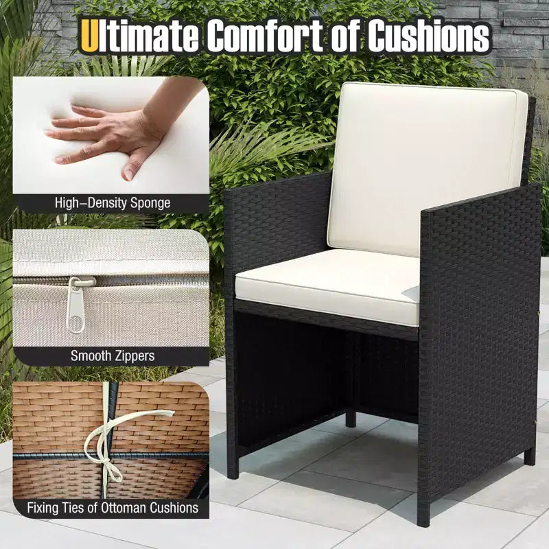 Costway 9 PCS Patio Dining Set with Tempered Glass Table & Ottoman Removable Cushions off-White/Beige