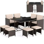 Costway 9 PCS Patio Dining Set with Tempered Glass Table & Ottoman Removable Cushions off-White/Beige