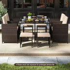 Costway 9 PCS Patio Dining Set with Tempered Glass Table & Ottoman Removable Cushions off-White/Beige