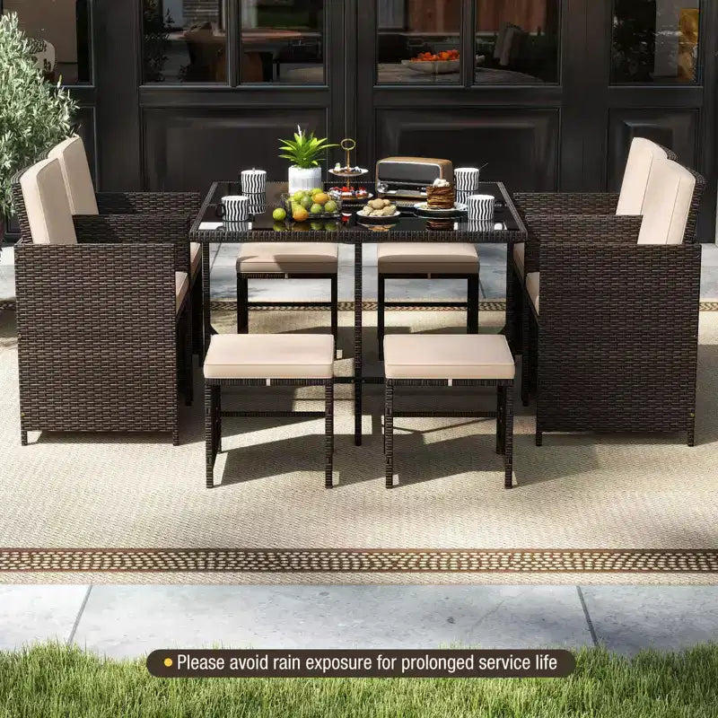 Costway 9 PCS Patio Dining Set with Tempered Glass Table & Ottoman Removable Cushions off-White/Beige