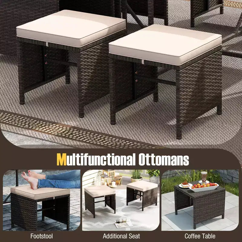 Costway 9 PCS Patio Dining Set with Tempered Glass Table & Ottoman Removable Cushions off-White/Beige