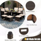 Costway 9 PCS Patio Dining Set with Tempered Glass Table & Ottoman Removable Cushions off-White/Beige