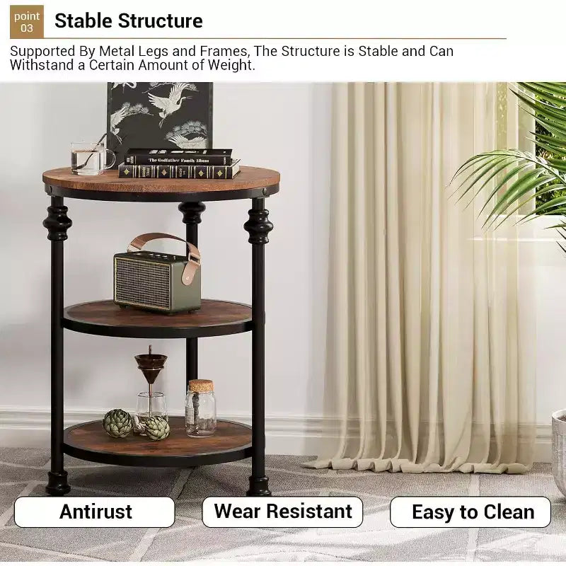 3-Tier Round Side Table, Living Room Accent Tables, Small Corner Table with Storage Shelves, Metal Legs, Industrial Night Stand for Bedroom, Brown