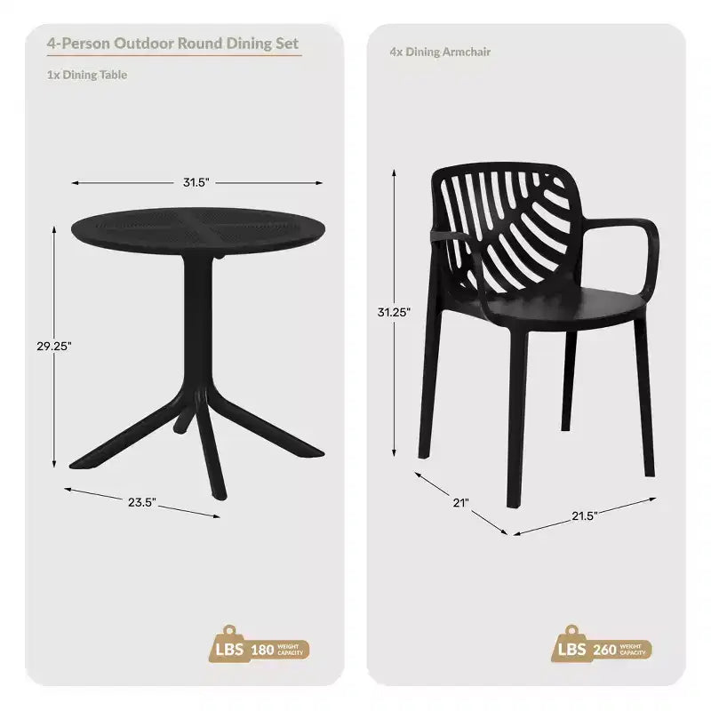 Ensemble de table à manger de patio ronde en résine WestinTrends Playa 5 pièces avec chaises de salle à manger de patio empilables modernes